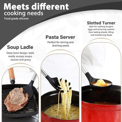 Kitchen Utensils Set | 28 Pcs Silicone Cooking Utensils Set with Holder, Black Stainless Steel Handle Kitchen Gadgets