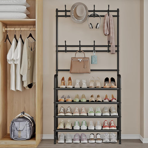 8 Closet 4 Coat Rack Shoe Rack With Storage Shelf Freestanding with Hooks for Entryway Bedroom Tier, Black