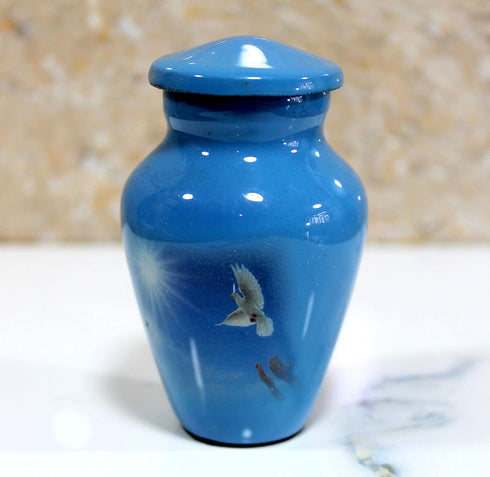 Esplanade Metal Mini Cremation Urn Keepsake Memorial Jar, Small Urn for Funeral Ashes, Blue