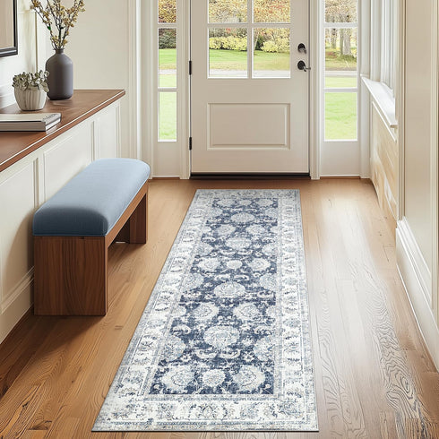 jinchan Fiora Runner Rug 2x6 Machine Washable Hallway Rug Dark Blue Vintage