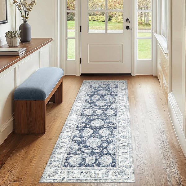 jinchan Fiora Runner Rug 2x6 Machine Washable Hallway Rug Dark Blue Vintage