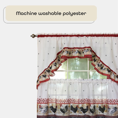 Printed Tier and Swag Window Curtain Set, 57 Inch Width, 36 Inch Length, Rooster, Machine Washable