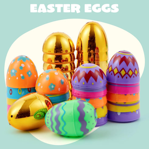 36 3.15" 8 JOYIN Pcs Colorful Printed Eggs Include Golden, Plastic Fillable Empty Eggs for Easter Hunt, Basket Stuffer
