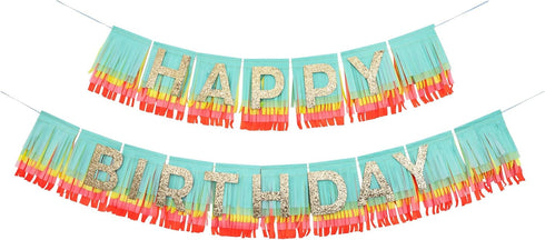 Meri Meri Rainbow Fringe Happy Birthday Banner, 8' Party Garland with Excess Cord for Celebration