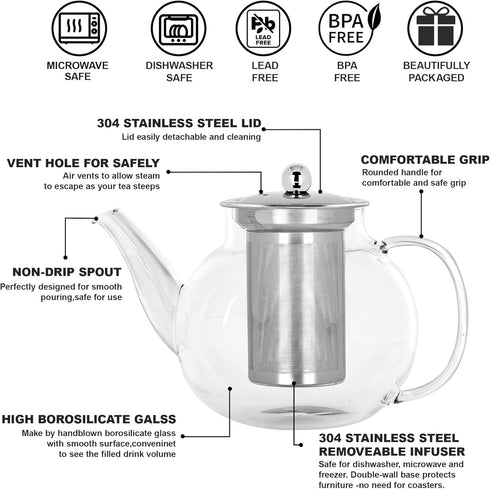 Long-Mouth Glass Teapot 34oz/1000ml with Removable Loose Tea Infuse - Glass Tea Kettle for Stove Top Removable Stainless Steel Strainer, Microwave & Dishwasher Safe, Tea Maker by TECOHORS
