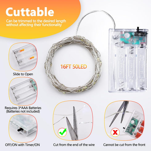 Joomer 4 Pack 16FT 50 LED Fairy Lights Battery Operated, Each LED Cuttable Starry Lights with Timer for Bedroom