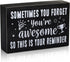 Inspirational Wooden Box Sign, "Sometimes You Forget You're Awesome" Rustic Black Wood Block Plaque for Home Office