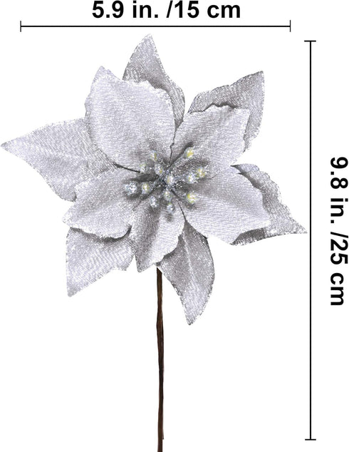 Winlyn 24 Set Christmas Silver Glitter Poinsettia Flower Picks, Christmas Tree Ornaments, White Gift Box Included