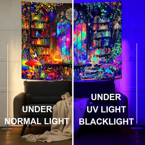Spenlife 60L 44W Blacklight Fantastic Library Tapestry, UV Reactive Vibrant Bookshelf Wall Tapestries for Room Decor
