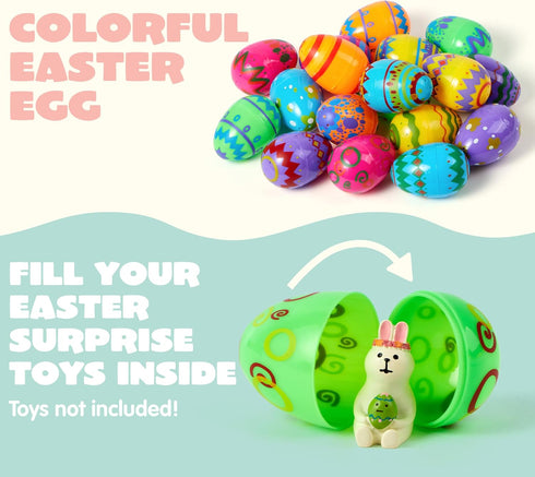 24PCS 3.15" JOYIN Printed Easter Eggs, Empty Fillable Colorful Plastic Eggs Bulks for Easter Hunt, Basket Stuffers