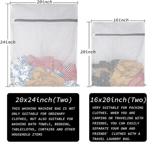 Extra Large Honeycomb Mesh Laundry Bag, 125gsm Durable and Reusable Delicate Wash Bag, Set of 4 (2L+2XL)