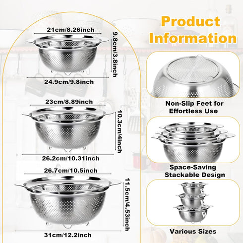 3 Set (2QT, 3QT, 5QT) Pcs Stainless Steel Colander Strainer Metal Colander for Kitchen Pasta Strainer for Rice Food