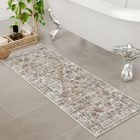 Uphome Bathroom Rugs Runner, Distressed Farmhouse Boho Khaki Bath Mat, Non Slip Washable Vintage Velvet Runner