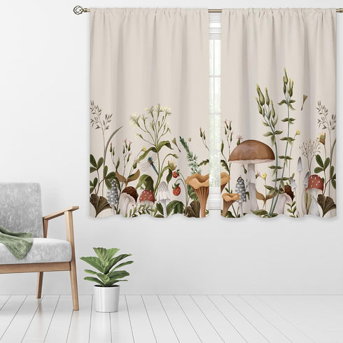 2 42Wx45H Inch Vintage Mushroom Window Curtains Leaves Botanical Rod Pocket Rustic Boho Mushroom Beige Curtain Drapes