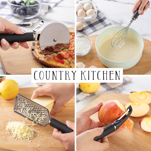 Country Kitchen 6 Pc Essentials Kitchen Stainless Steel Gadget Set - Black Gun Metal with Soft Touch Handles