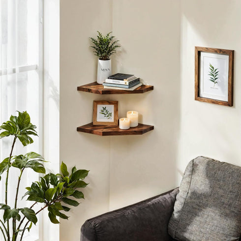 Set 2 11.8 16.5 inches Demigo Corner Shelf Wall Mount, of Solid Acacia Wood x Floating Corner Shelves, Smooth - Durable