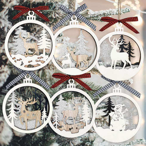 6pcs Christmas Farmhouse Rustic Ornaments Set, 3D Glitter Reindeer Wood Tree Decorations for Christmas