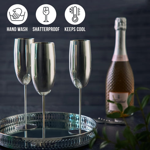 Oak & Steel 4 Silver Stainless Steel Champagne Flutes with Gift Box, 284 ml - Elegant & Unbreakable for Outdoor Parties