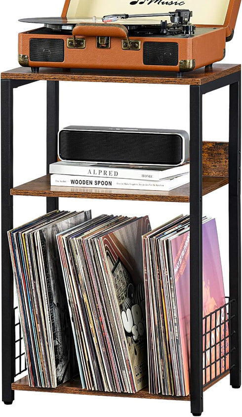 LELELINKY 3 Tier End Table, Record Player Stand with Storage for Up to 100 Albums, Turntable Stand for Vinyl, Brown