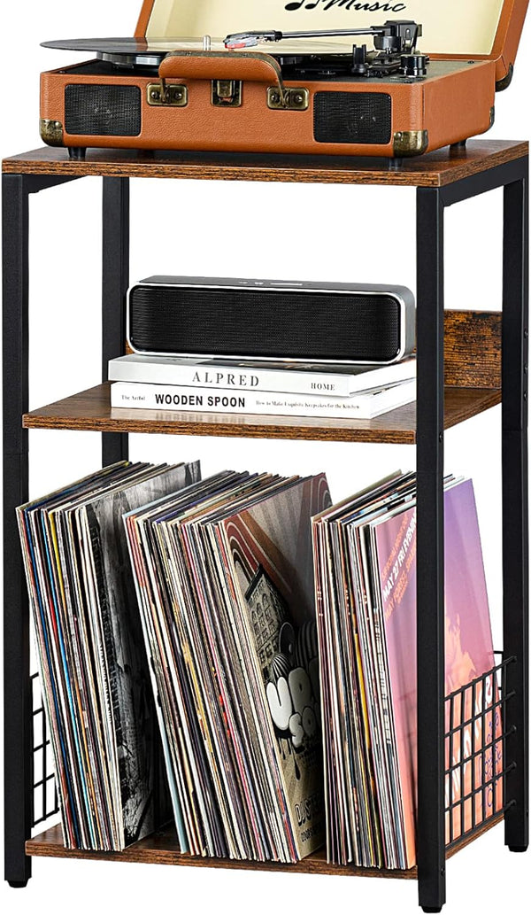 LELELINKY 3 Tier End Table, Record Player Stand with Storage for Up to 100 Albums, Turntable Stand for Vinyl, Brown
