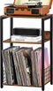 LELELINKY 3 Tier End Table, Record Player Stand with Storage for Up to 100 Albums, Turntable Stand for Vinyl, Brown