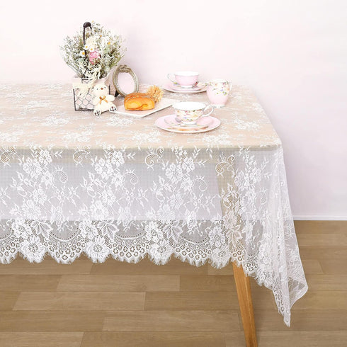 QueenDream White Lace Tablecloth, 60 x 120 Inches, Rectangular Vintage Embroidered Lace Fabric Overlay