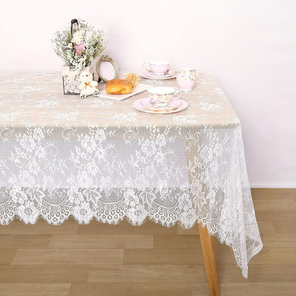 QueenDream White Lace Tablecloth, 60 x 120 Inches, Rectangular Vintage Embroidered Lace Fabric Overlay