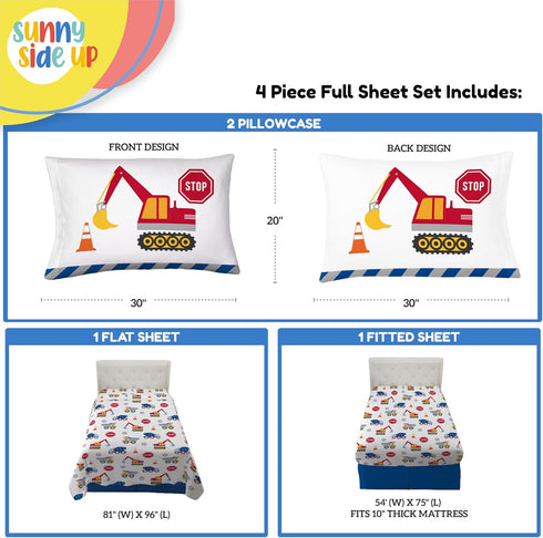 Set 4 Set Sunny Side Up Construction Zone Full Sheet - Piece Kids Bedding Includes Pillow Cover - Super Soft Trucks