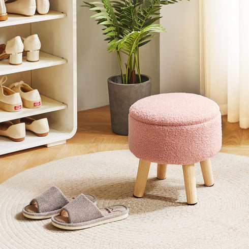 13 Inch WBD006P IBUYKE Foot Stool Ottoman with Storage, Round Small Foot Rest with Padded Seat and Wood Legs, Teddy
