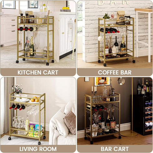 2 Bar Cart, Serving Cart for Home, Microwave Cart, Drink Cart, Wine Cart with Mirrored Shelves, Wine Holders, Glass