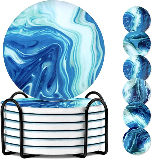 Ceramic Marble Coasters, 6 Sets of Round Tea Coasters with Holder on