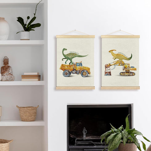 Set 2, 12x16 Inches BCUANGD Dinosaur and Construction Truck Wall Decor - Dinosaur Dino Poster Hanger with Wood Frames