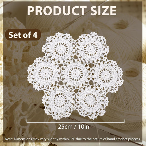 kilofly Crochet Cotton Lace Table Placemats Doilies, 4pc, White, Blossoms, 10 inch