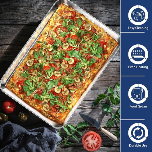 P&P CHEF Baking Sheet Pan Set of 2: Stainless Steel Baking Cookie Sheets Oven Tray, Rectangle 17.3” x 13”