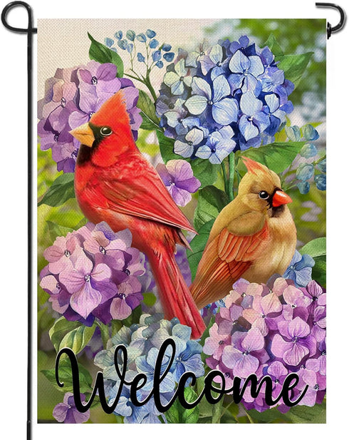 Welcome Summer Cardinal Red Birds Garden Flag, Hydrangea Flowers Outside Decor, 12 x 18 Double Sided Burlap Decoration