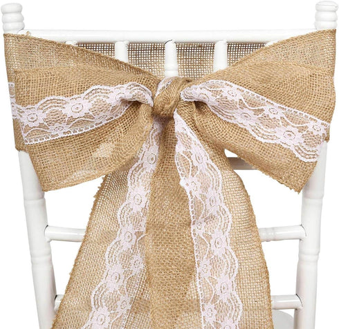5"x108" Efavormart | Natural Burlap with Lace Chair Sashes Covers, Hessian Fabric Rustic Jute Chair Sashes Covers
