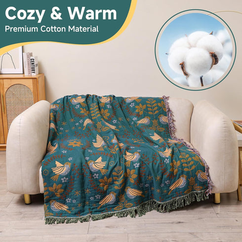 Boho Throw Blanket for Bed Couch, 100% Cotton Woven Bed Throws, Lightweight Soft Cozy Farmhouse Reversible Muslin,