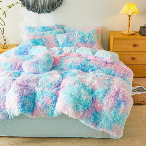 Set 2-Piece Set (1 1 Cozy Set Besfunny Shaggy Fluffy Tie Dye Light Blue Comforter Cover Twin Faux Fur Shaggy Tie Dye