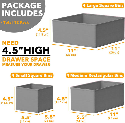 SpaceAid Drawer Organizer Clothes, 12 Pack Dresser Bins for Nursery, Closet Organization and Storage Dividers (Grey)