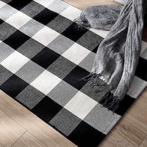 LEVINIS Black and White Doormat 51.2''x23.6'', Washable Cotton Farmhouse Layered Outdoor Buffalo Plaid Rugs