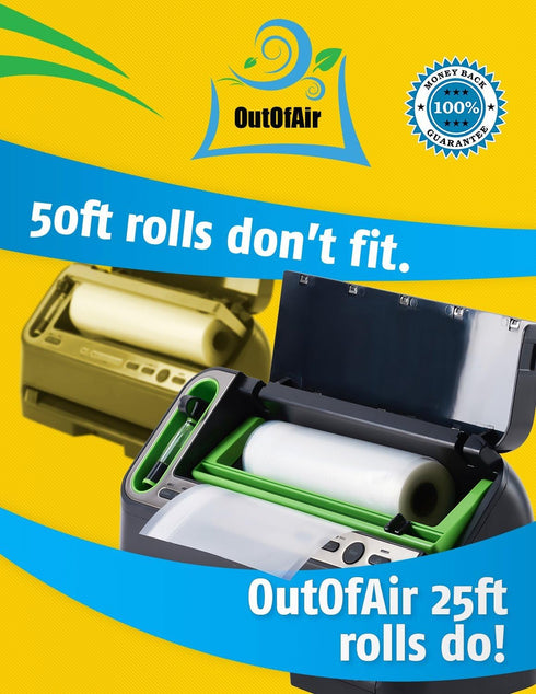 8" 11" 25ft 4 (2 100ft 33% Commercial & Vacuum Sealer Rolls (Fit Inside) Rolls of Each, total) OutOfAir Vacuum Sealer