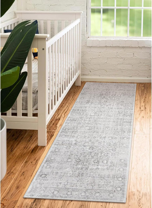 2x6 LIVEBOX Washable Runner Rug - Kitchen Rug Runner Entryway Rugs, Low-Pile Vintage Grey Rugs for Bedroom, Non-Skid