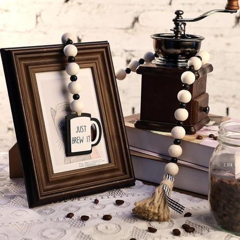 Jetec Coffee Bar Decor, Wood Bead Garland with Tassel for Coffee Bar Try Decor Accessories
