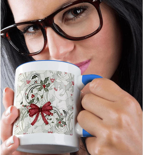 3dRose Elegant Christmas Holly and Berries Pattern Mug - Two Tone, 11 oz, Blue