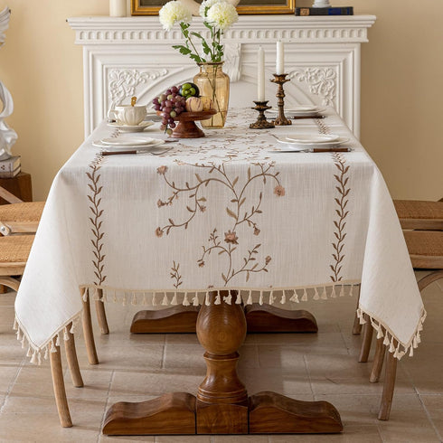 55''x 70'' Joyfol Day Linen Waterproof Tablecloth with Tassels, Rustic Farmhouse Flowers Embroidery Table Cloths