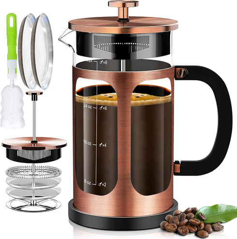 French Press Coffee Maker (34oz 1Quart 5-6Cup), with 4 Filters System, Borosilicate Glass, Cold Brew Coffee Tea Pot