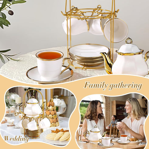20 Set Set Sets, Set Pcs Porcelain Tea with Metal Holder, European Ceramic Tea for Adults, Coffee Tea Gift French Tea