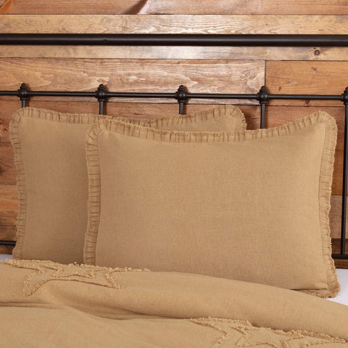 VHC Brands Burlap Pillow Sham Cover with Fringed Ruffle, Cotton Farmhouse Decor, Button