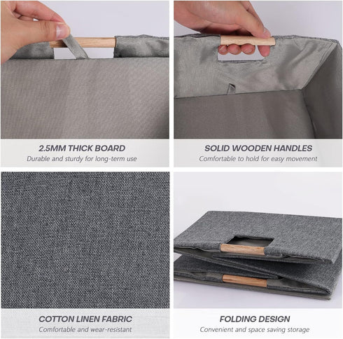 Fabric Storage Bin Box, Foldable Cotton Linen Basket with Wooden Handles, Gray, Medium for Laundry, Clothes, Blankets