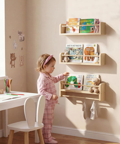 Set 3, Nursery Book Shelves for Wall of Natural Wood Bookshelves Wall Decor, Small Floating Shelf Organizer for Kids